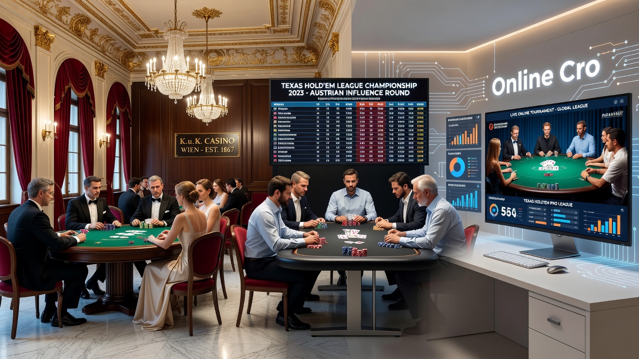 Modern poker league event blending traditional casino ambiance with digital screens showing online tournament feeds